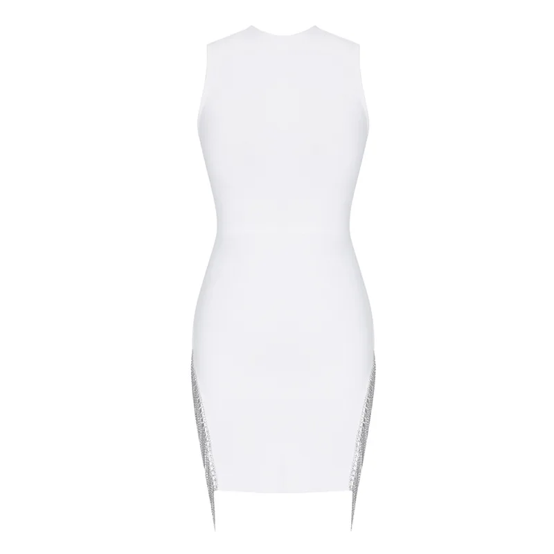 

Hot selling women's round neck stitching tassel shiny diamond dress