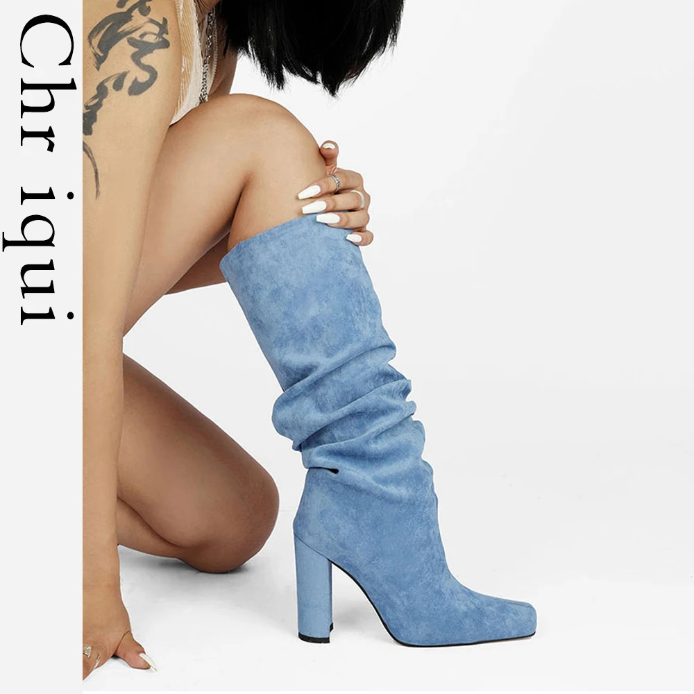 

Chriqui Women Demin Mid Calf Boots Thick High Heels Shoes Solid Fashion Elegant Footwear For Lady Squared Toe Slip On Long Boot
