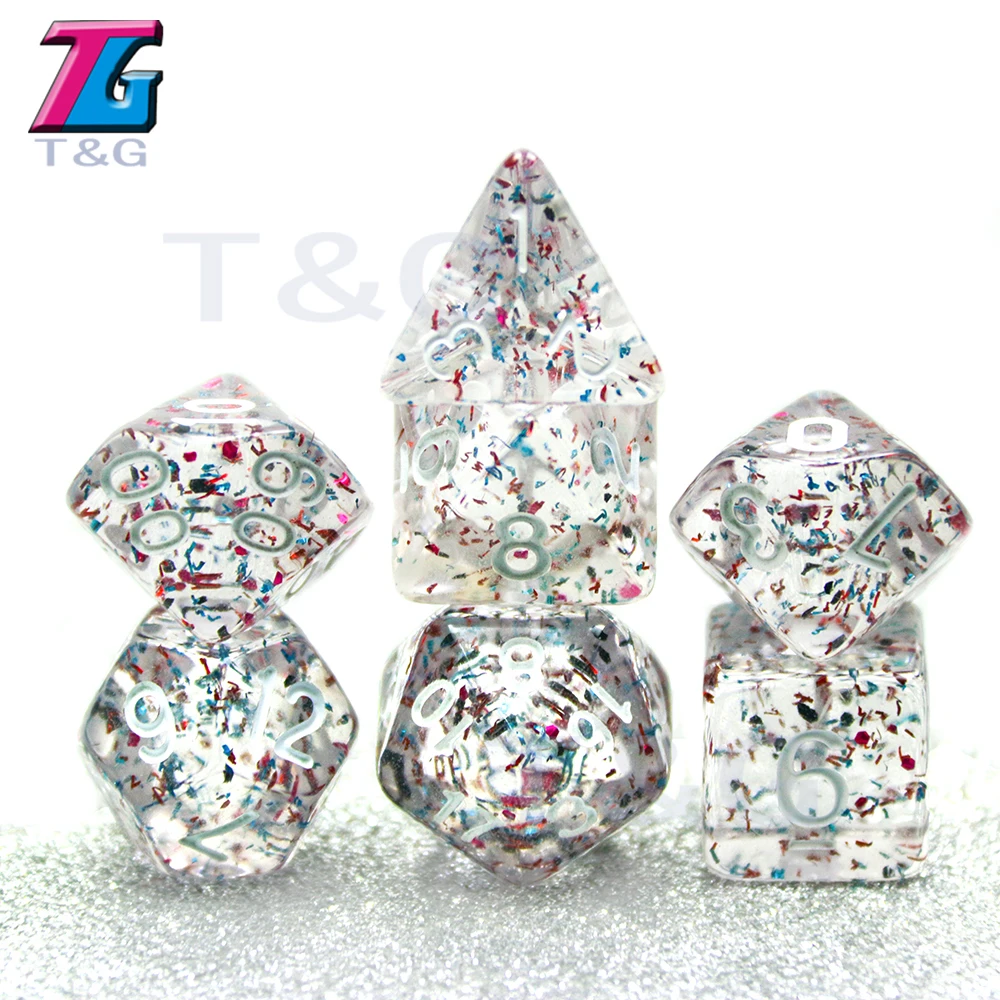 DMD Rpg TRPG 7 шт./лот Прозрачный блестящий цифровой набор в кости D4 6 8 10 10% 12 20 для