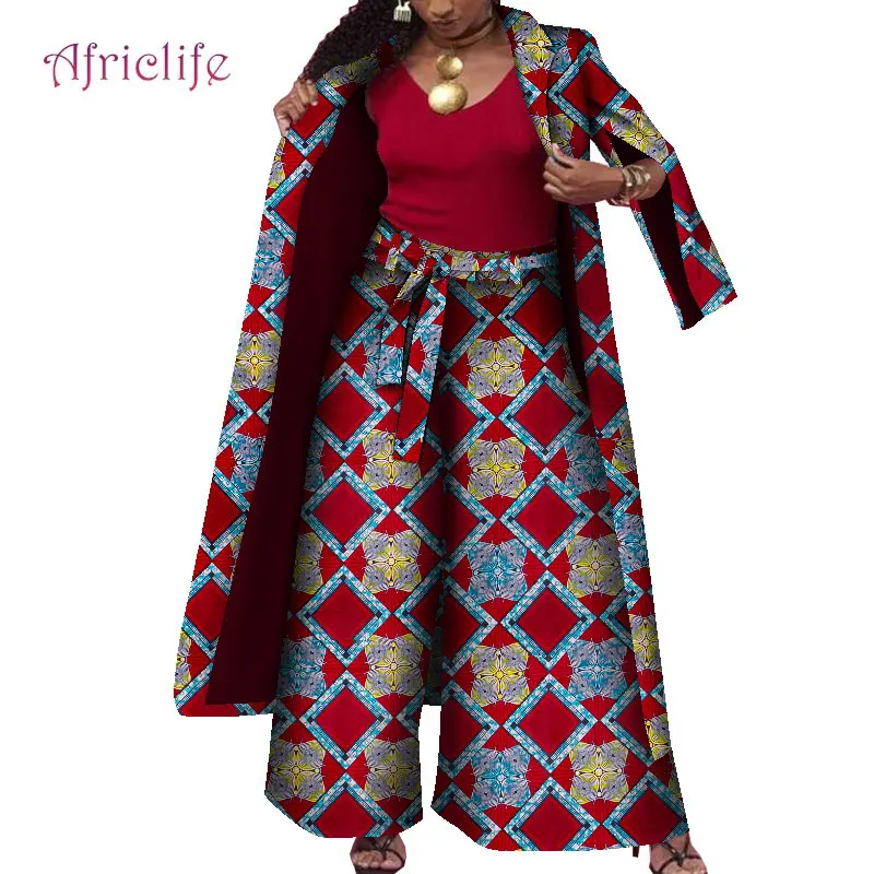 African Dresses for Women Pant Suit 2021 Long Coat and Wide Pant with Belt Fall Winter Warm Clothes Print Suits Clothing WY8479