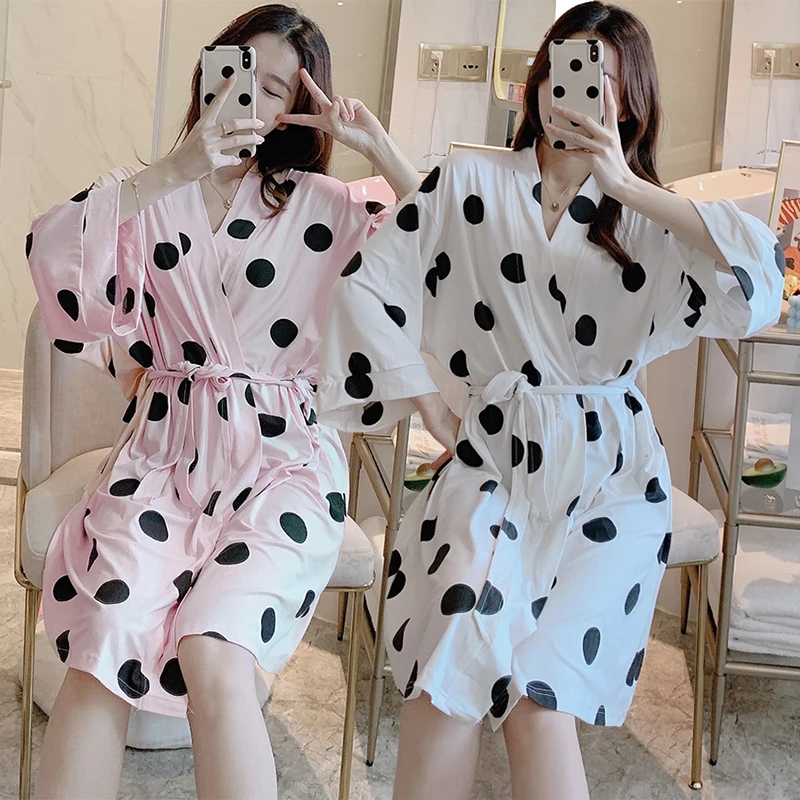 Халат-кимоно женский с длинным рукавом модал в горошек одежда - Цена: 996.84