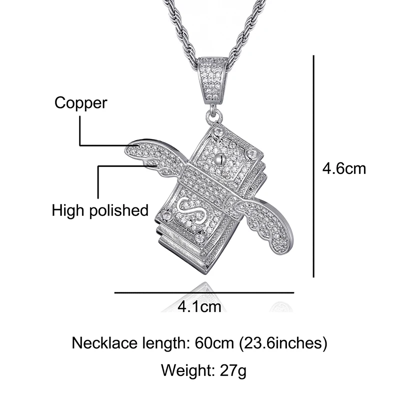 

D&Z Iced Out Flying Cash Solid Back Pendant & Necklace AAA+ Bling CZ Stone Hip Hop Gold Silver Color Charm Chains Jewelry Gifts