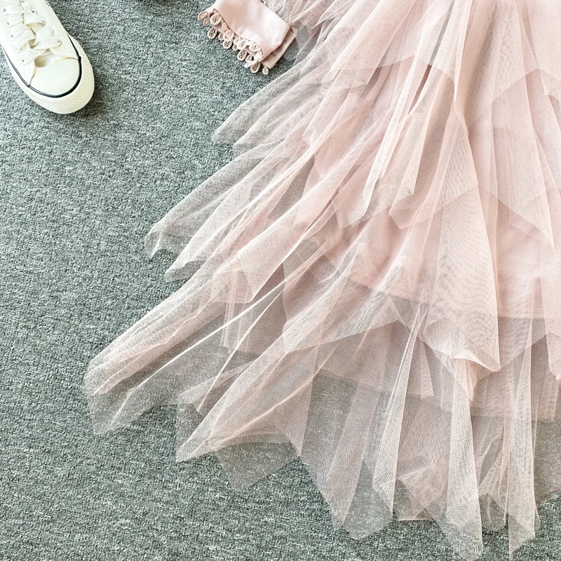 HISUMA 2020 spring New Women's lace Spliced mesh layer ruffles puff dress female elegant fairy irregular dresses two piece set | Женская