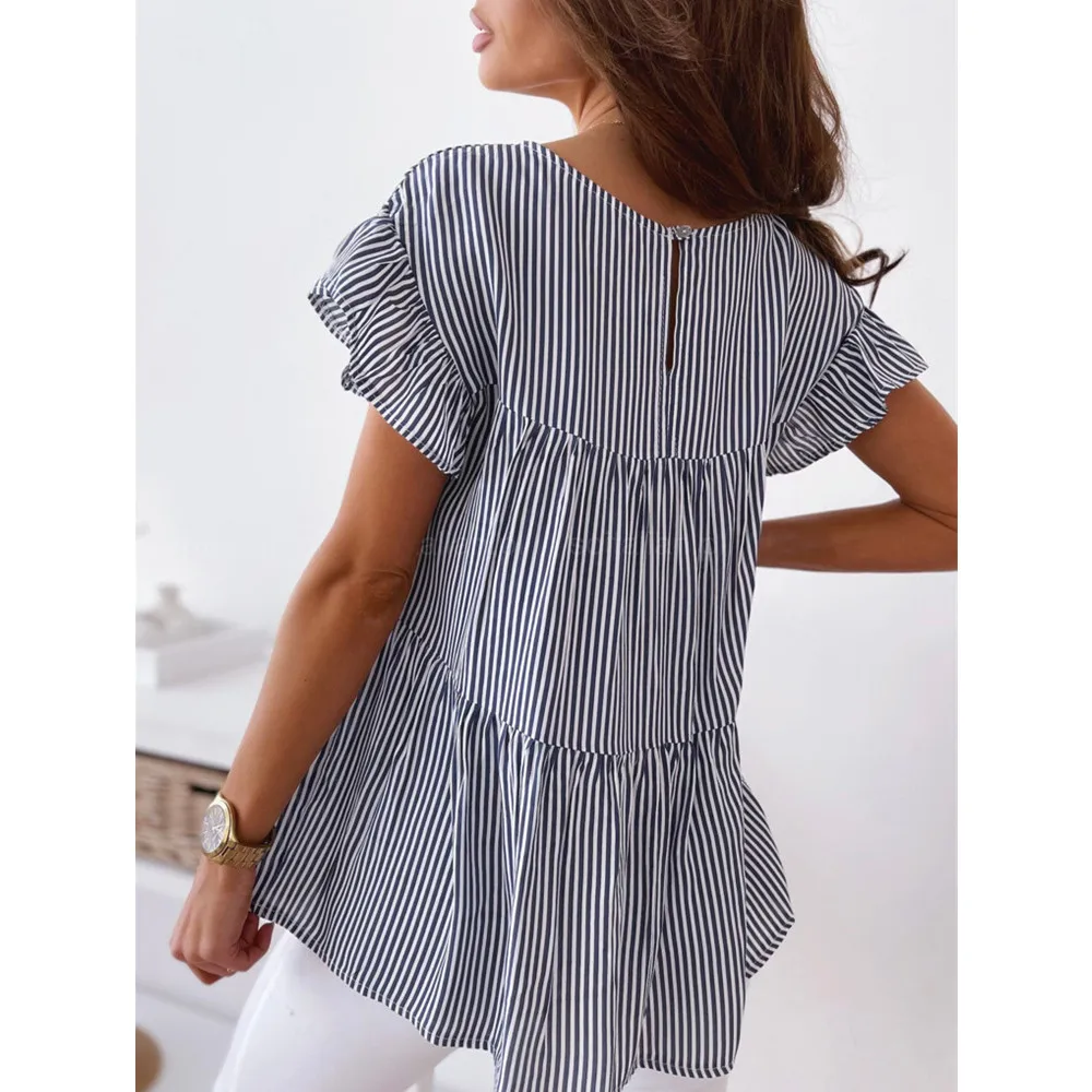 

Office Ladies Loose Wave Point Ruffle Stitching A-Line Pullover Tshirt Summer O-Neck Short-sleeved Striped Woman's Plus size 3XL