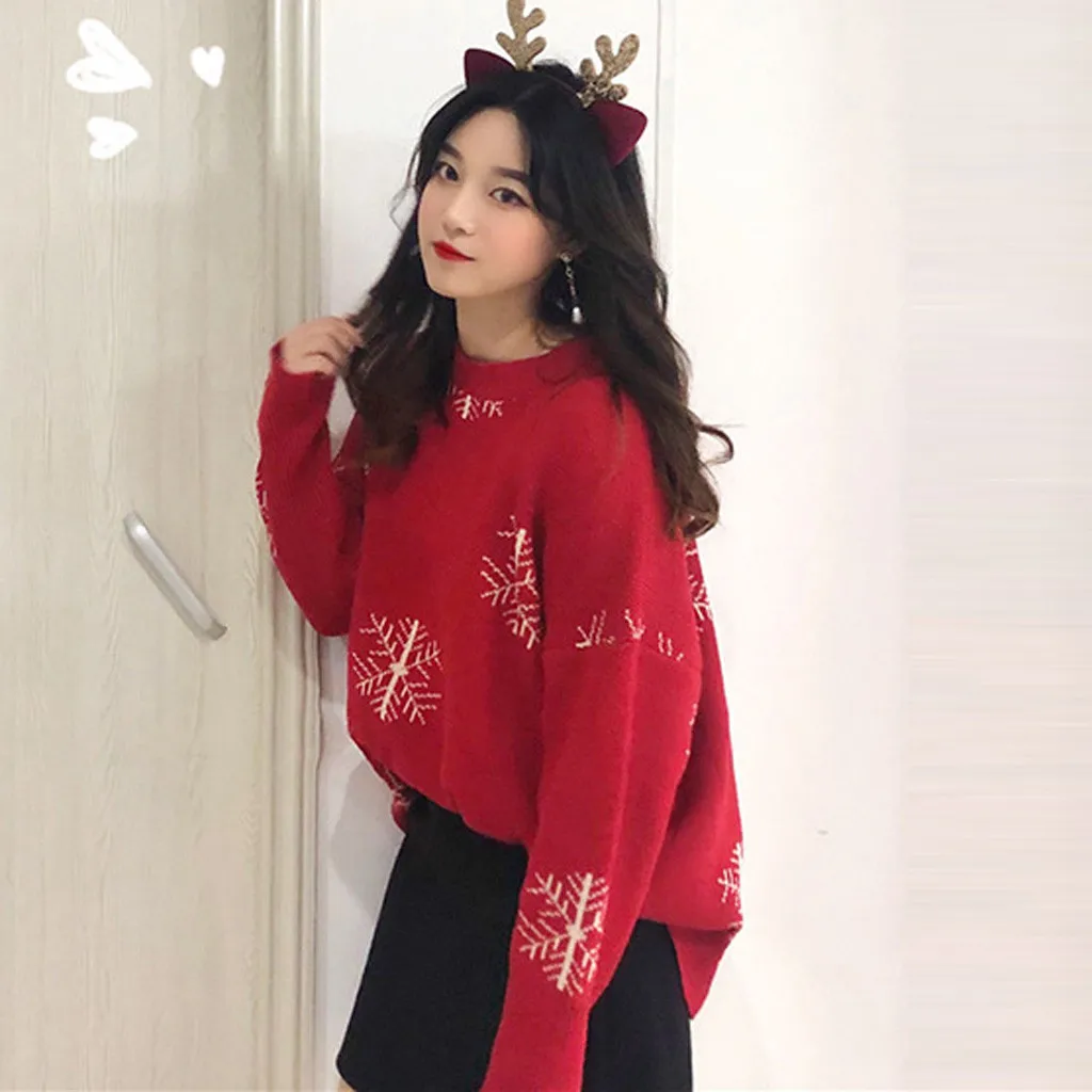 Christmas Women Sweater Santa Claus Reindeer Printed O-neck Long Sleeve Women Pullovers Winter Jumpers Knitwear Sweater