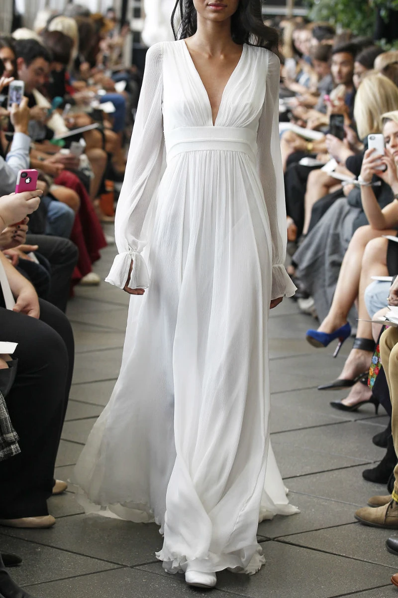 

White runway designer dress 2020 women summer vintage v-neck long sleeve draped pleated chiffon long dress