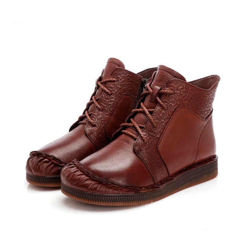 

TIMETANG Handmade Vintage Natural Print Cowhide Leather Women Ankle Boots Short Round Boots Flat Top Ethnic Style For Mom Gift