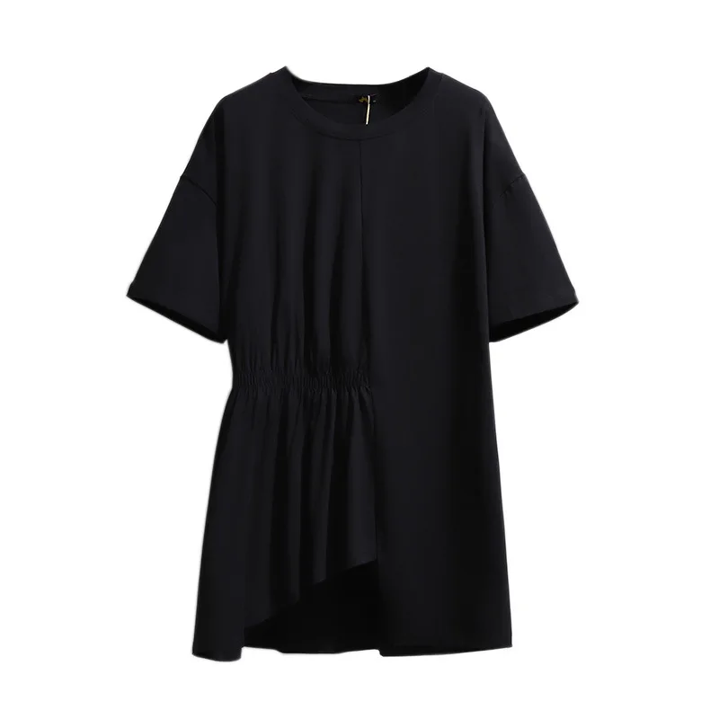 

New 2021 Ladies Summer Plus Size Tops For Women Large Short Sleeve Loose Cotton Black Fold Long T-shirt 3XL 4XL 5XL 6XL 7XL