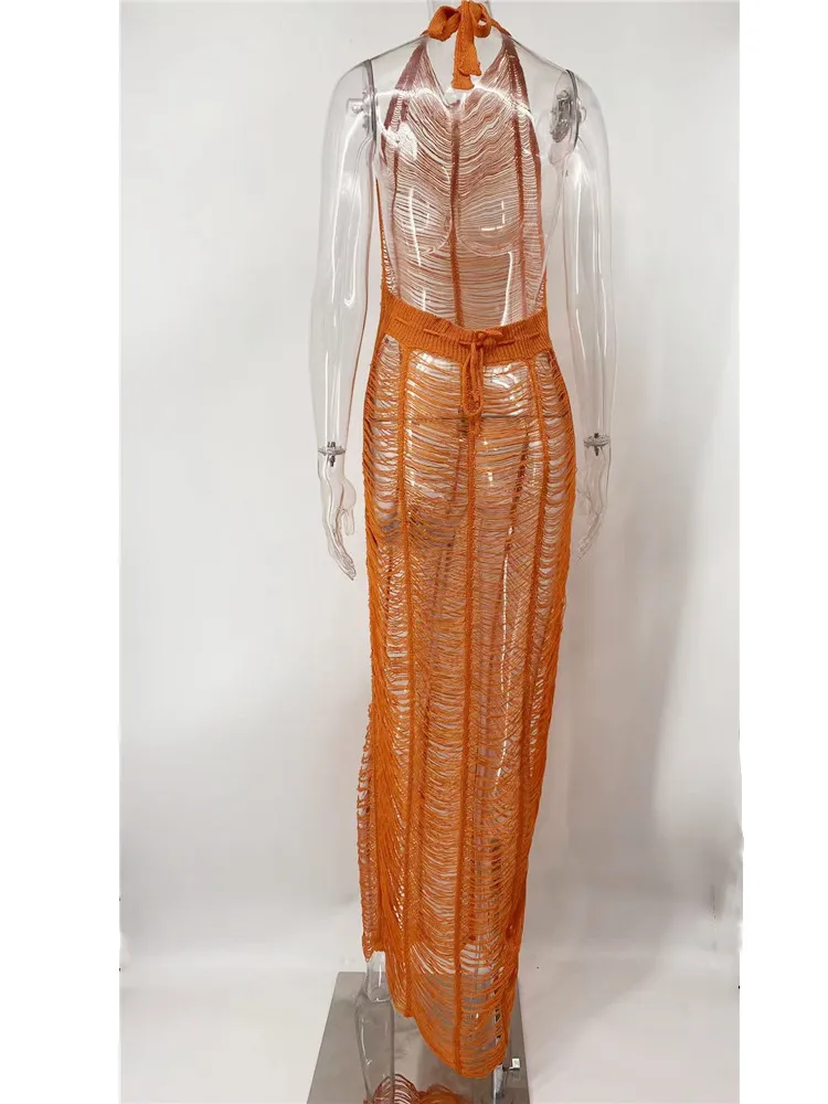

Joskaa 2021 Summer Sleeveless See Trough Holiday Beach Swimming Beachwear streetwear Vacation Outwear Party Long Knitted Dress