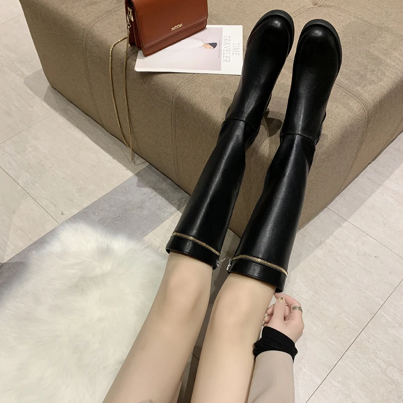 

2020 Fashion Leisure Flat Bottom Leather Boots New Zip Winter Leather Knee-High Boots Thick Heels Dropshipping Warm U11-54