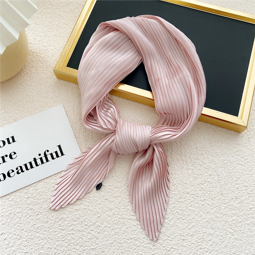 

Pleated Women Satin Scarf Neckerchief Ribbon Square Skinny Hair Tie Band Kerchief Satin Foulard Scarves Decorative Headscarf