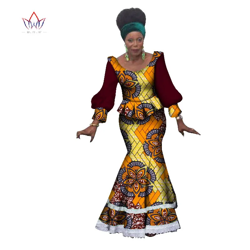 2020 Summer African Dashiki For Woman Top And Skirt Set O-neck Bazin Riche Full Sleeve Plus Size Evening Dress Naturl WY1153
