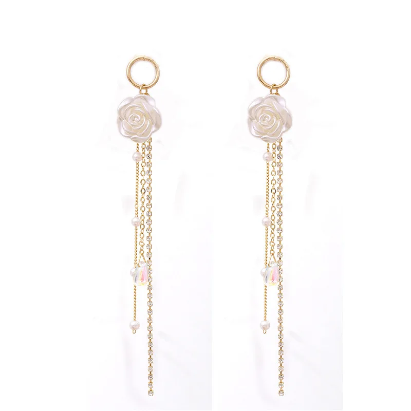 

2020 Korean Fashion Rhinestone Crystal Long Tassel Water Drop Dangling White Flower Drop Earrings For Women Wedding Jewelry Gift