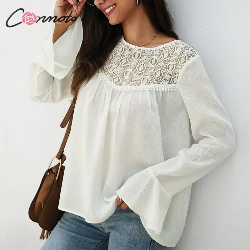 Модная женская белая рубашка Conmoto Осень зима 2019 Женские топы и блузки с длинным