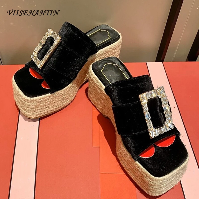 

Summer New Crystal Square Buckle Wedge Sandals and Slippers Thick-soled Woven High-heeled Slippers Women