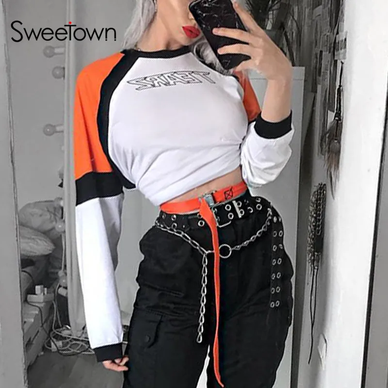 Sweetown модная Осенняя женская футболка с длинным рукавом и круглым вырезом, укороченный топ в стиле пэчворк, контрастный цвет, принт с буквами, уличная футболка