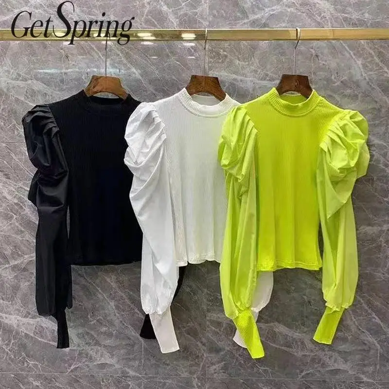 Getвесенняя женская футболка со стоячим воротником трикотажная эластичная тонкая