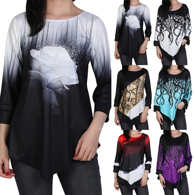 2020 Весенняя женская рубашка с цветочным принтом рубашки асимметричным подолом