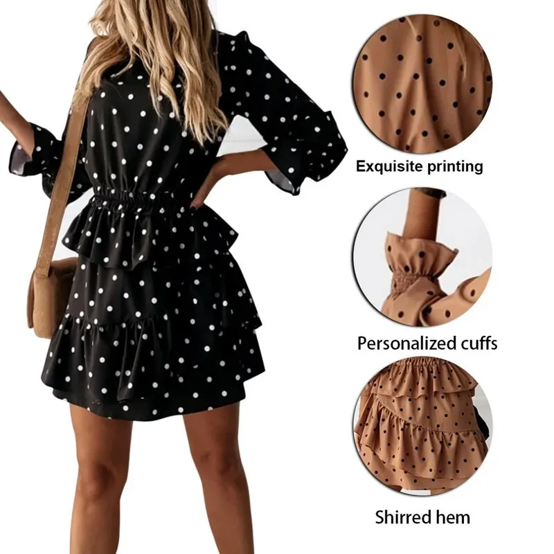 

Autumn Casual Cascading Ruffle Polka Dot Dress Women Winter Long Sleeve A Line Print Dress Elegant Mini Party Vestido