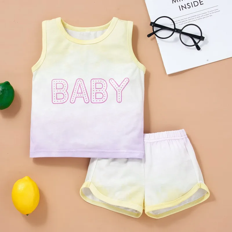 

Soft Baby Girl Summer Gradient Color Sleeveless Top And Shorts Suit cute Sleeveless baby girl and boy Baby's Sets for 3-24M baby