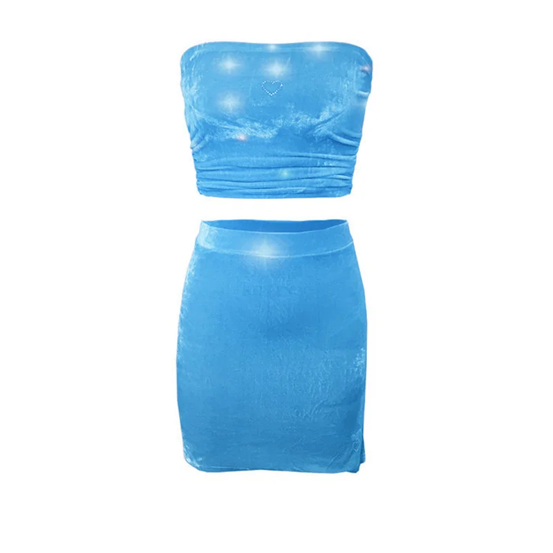 

Womens Velvet Crop Top Skirts 2pcs Set Ladies 2020 Summer Spaghetti Strap Tube Top Split Mini Skirt Fashion Sexy Female Sets New