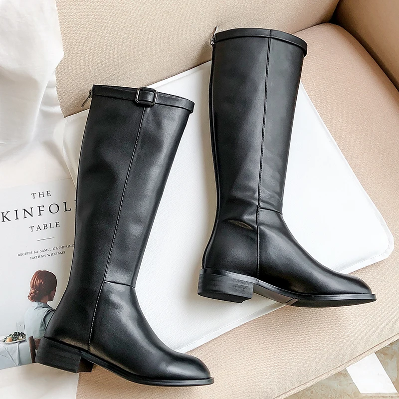 

Женские сапоги до колена из натуральной кожи, вечерние толстом каблуке