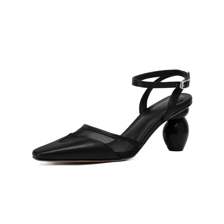 

Korean women's shoes special-shaped thick heel square buckle back empty single shoes cowhide mesh splicing high-heeled