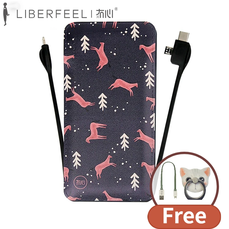 Внешний аккумулятор Liberfeel Maoxin со встроенным кабелем type c micro ios lighting 3 в 1 с двойным