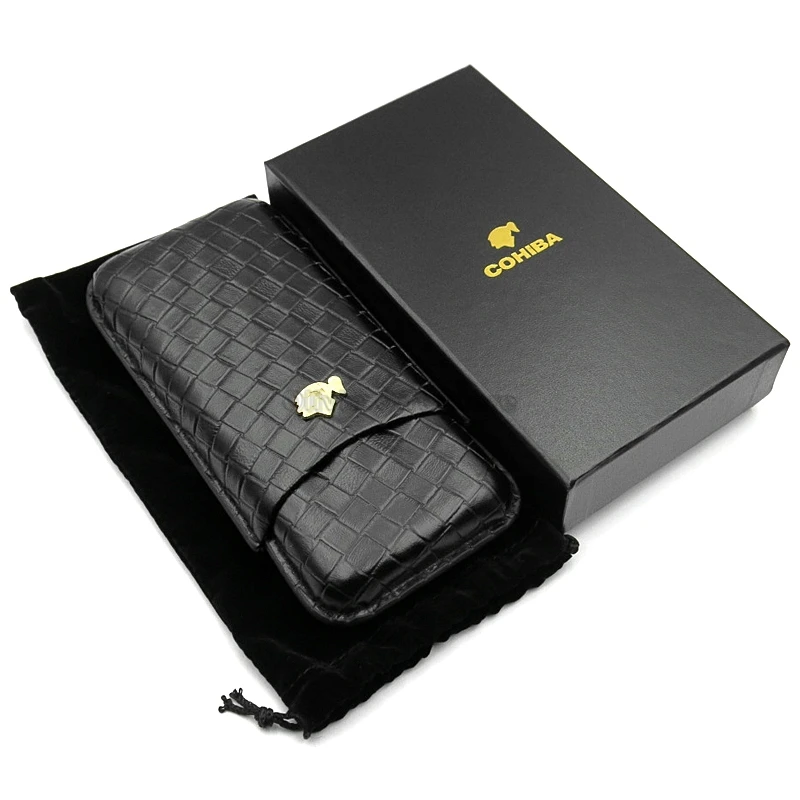 

COHIBA Genuine Leather Black Brown Portable 3 Tube Cigar Holder Leather Case Travel Humidor Cigar Gift Box Tobacco Smoking Tool