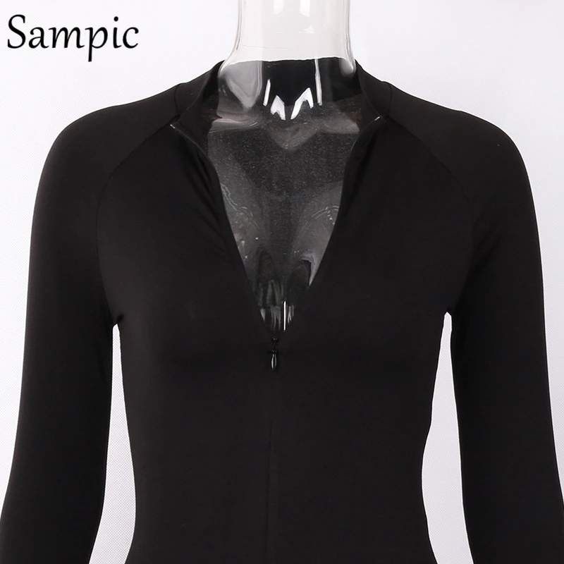 

Sampic Sexy Women Casual Bodysuit Tops Warm Fashion Outwear Solid Black Long Sleeve Zipper V Neck Short Rompers Playsuit Winter
