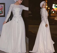 long sleeves muslim evening dresses silver sequins crystal beaded chiffon floor length shinning arabic prom gown evening dress