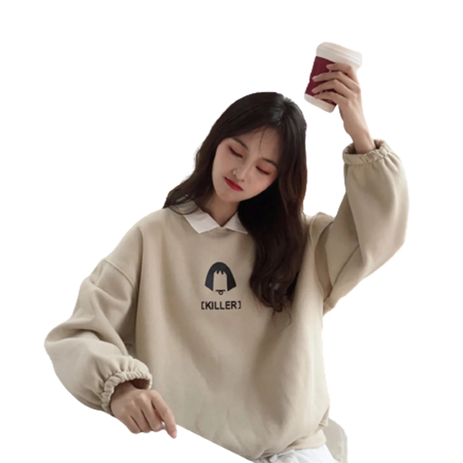 Women Autumn Long Sleeve Turn Down Collar Letters Print Plush Sweatshirt Hoodie