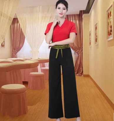 Short sleeve suit Белые красные униформа для сотрудниц спа-салонов красоты тайский одежда модные тонкие массажа здоровья комбинезоны Красота салон Рабочая одежда - Цвет: Short sleeve suit