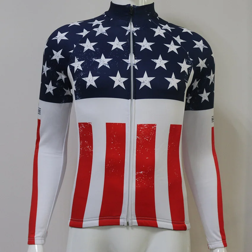 

long sleeve cycling jersey men winter thermal fleece coat usa flag star bike jacket maglia ciclismo uomo tenue cycliste homme