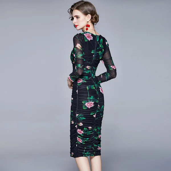 

2021 Spring Elegant Party Lady Vestidos Women Sexy Floral Printed Bodycon Slim Draped pencil Dresses Robes