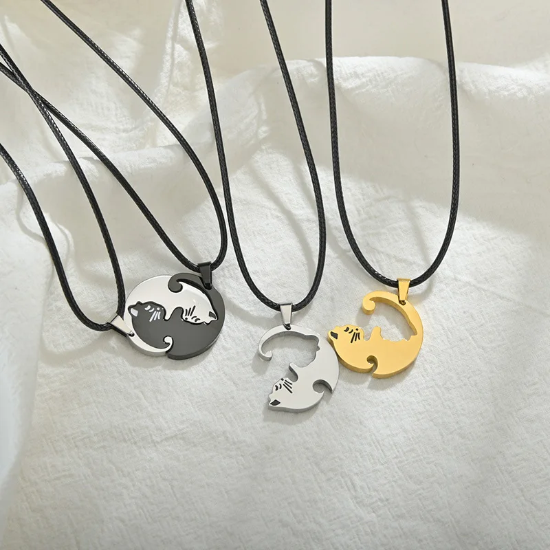 

Cat Couple Necklace Yin Yang Stitching Pendant Necklaces for Women Girl Titanium Steel Jewelry Accessories Friends Couples Gifts
