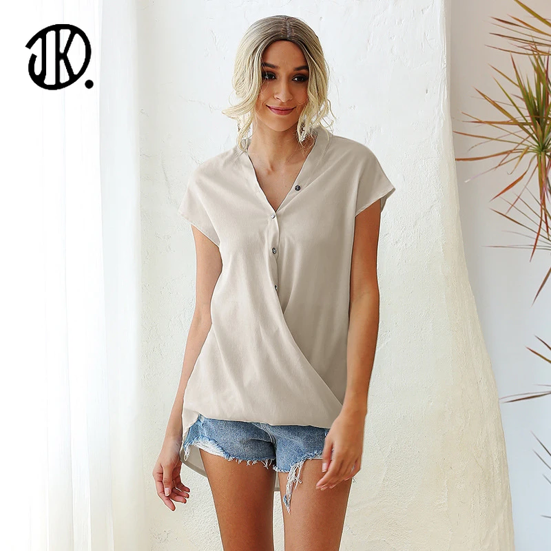 

Female Solid T-shirt Short Sleeve Button Top For Lady Breathable V Neck Casual Streetwear Loose 2XL Comfort Femme T Shirts Mujer