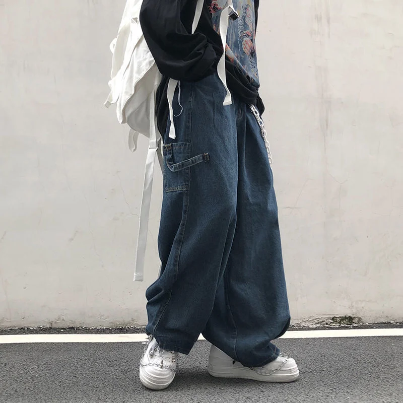 

2021 Fashion Individuality Japanese-style Jean Men Loose Stripe Denim Pant Bule/Black Man and Women Hip hop Streetwear Trouser