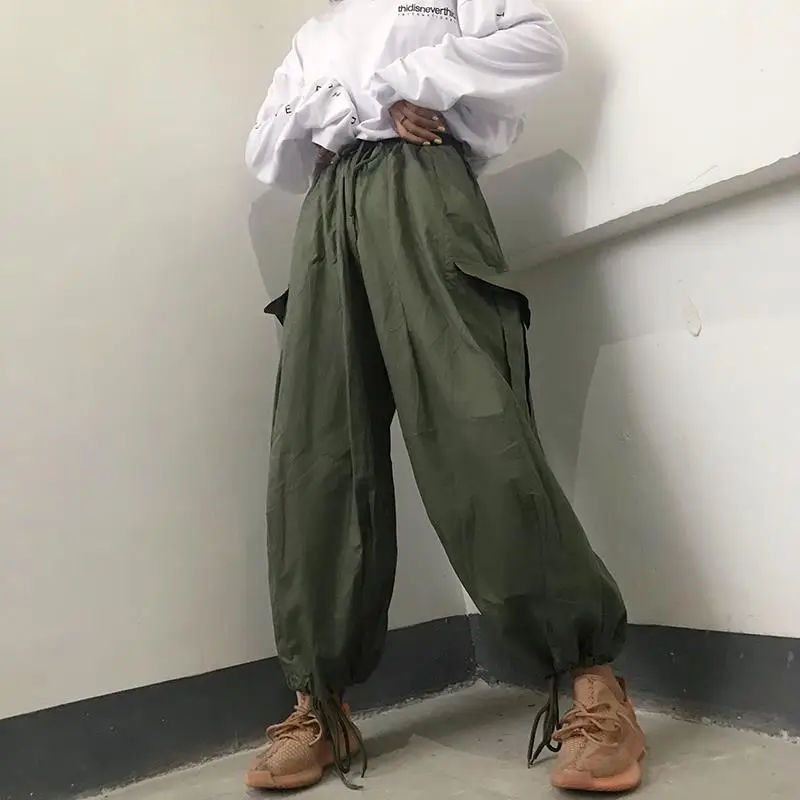 

straight loose sweatpants Korean style new pockets drawstring solid high waist pants hip hop autumn full length ulzzang Capris