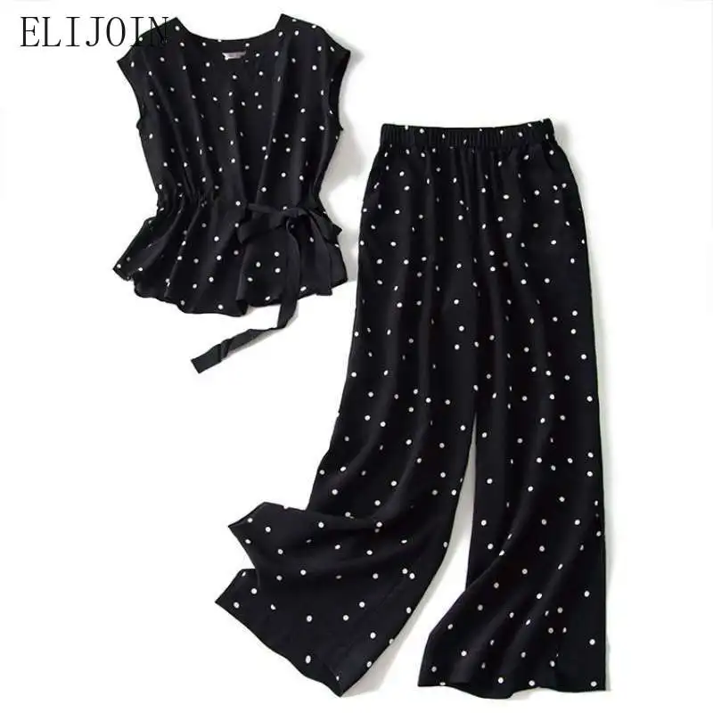 

ELIJOIN plus size women's suit summer 2021 loose fat sister black and white polka dot chiffon jacket wide-leg pants two-piece.