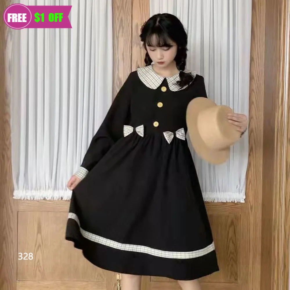 

Autumn 2021 Women Plaid Grunge Kawaii Bow Lace Dresses Women Cute Preppy Style Lolita Gothic Japanese Harajuku Dark Outfits
