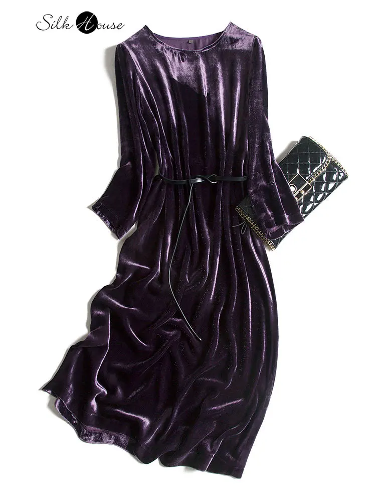 

Goddess Dress High Purple Silk Velvet Dress Autumn / Winter 2020 New Retro Mid Length High Waist Long Dress Women