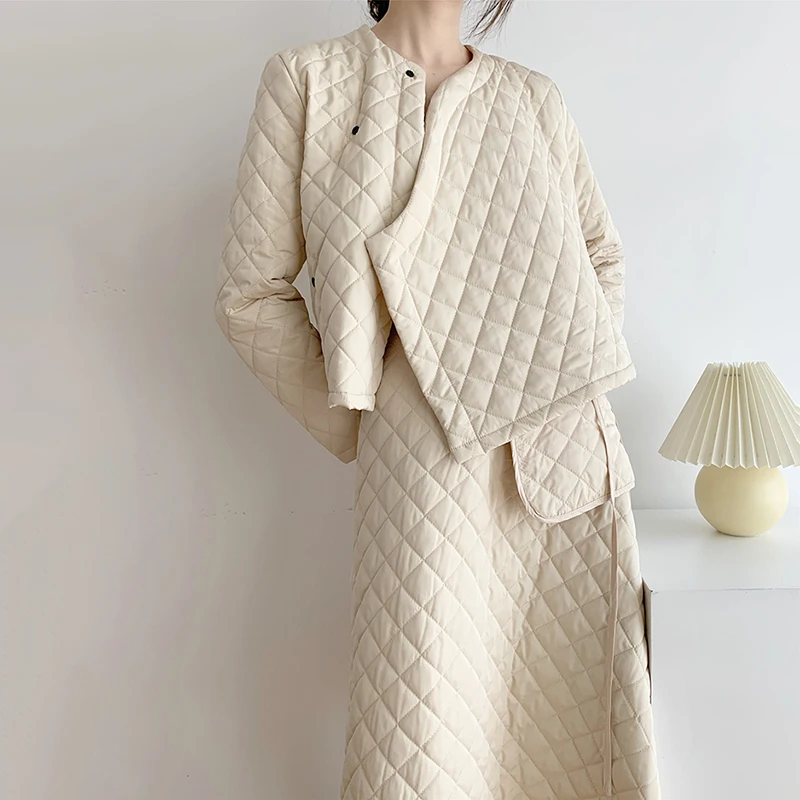 Casual Patchwork Argyle Cotton Coat  for Women O Neck Long Sleeve Casual Parkas Female Fashion New Clothing 2021 Winter