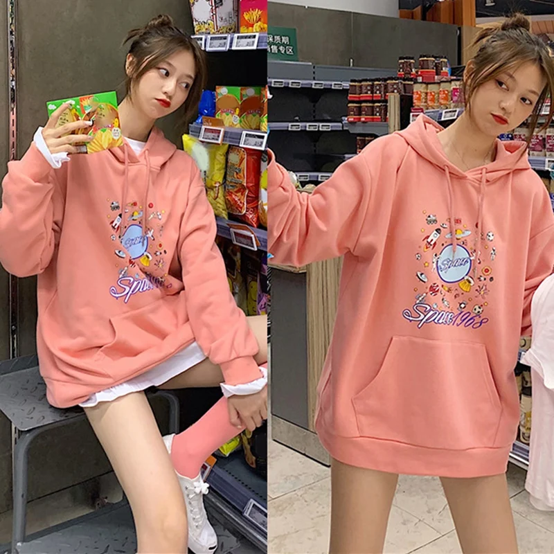 

Women's Korean Printed Hooded Sweatershirt "Space1968" Pink