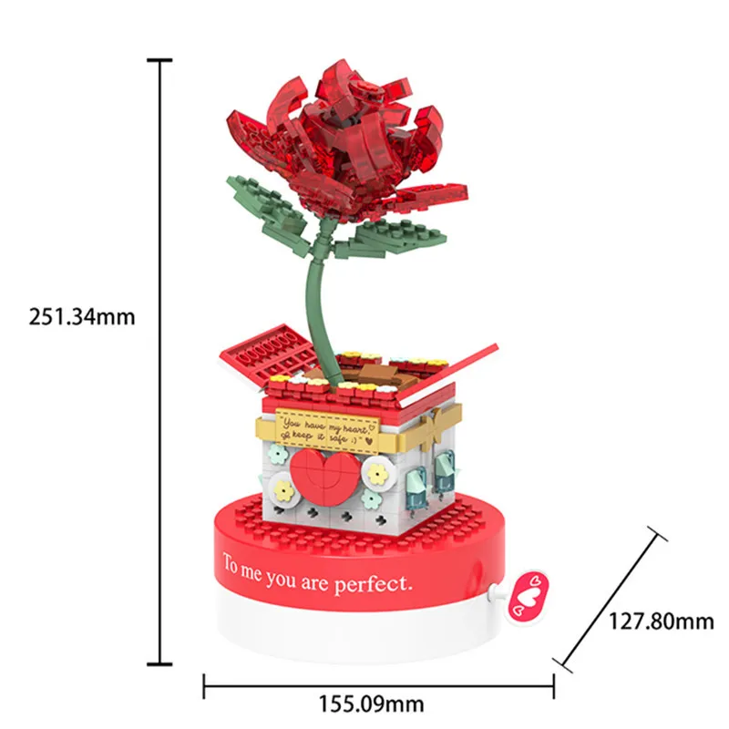 

374PCS Roses Blocks Valentine's Day Series Bricks LOVE Day Rose Flower Creative Music Box Building Blocks For Lover Gifts Toy