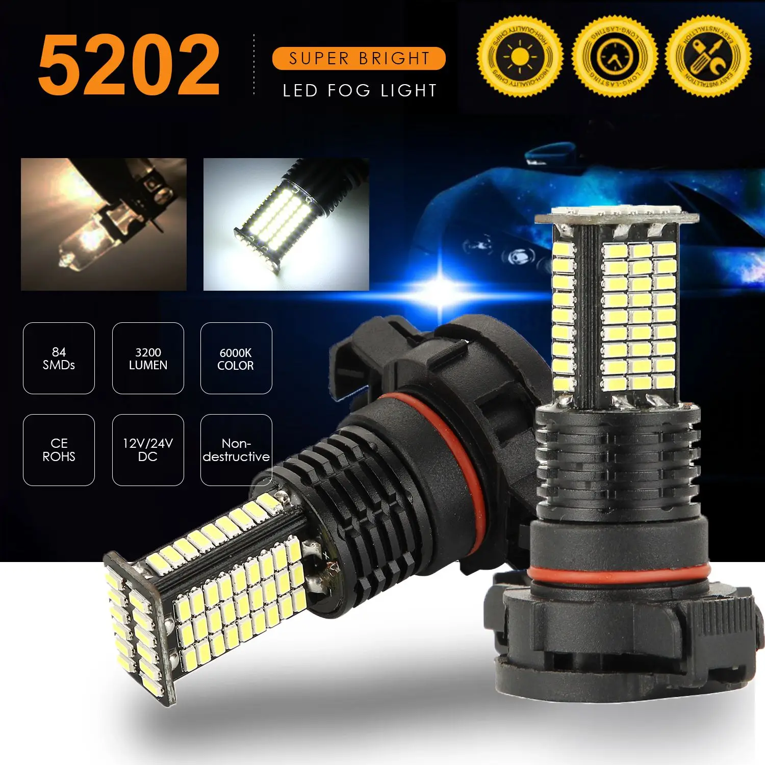 2 шт. 5202 светодиодный противотуманный светильник DRL 3200 люмен супер яркий 84-SMD 12В 24В