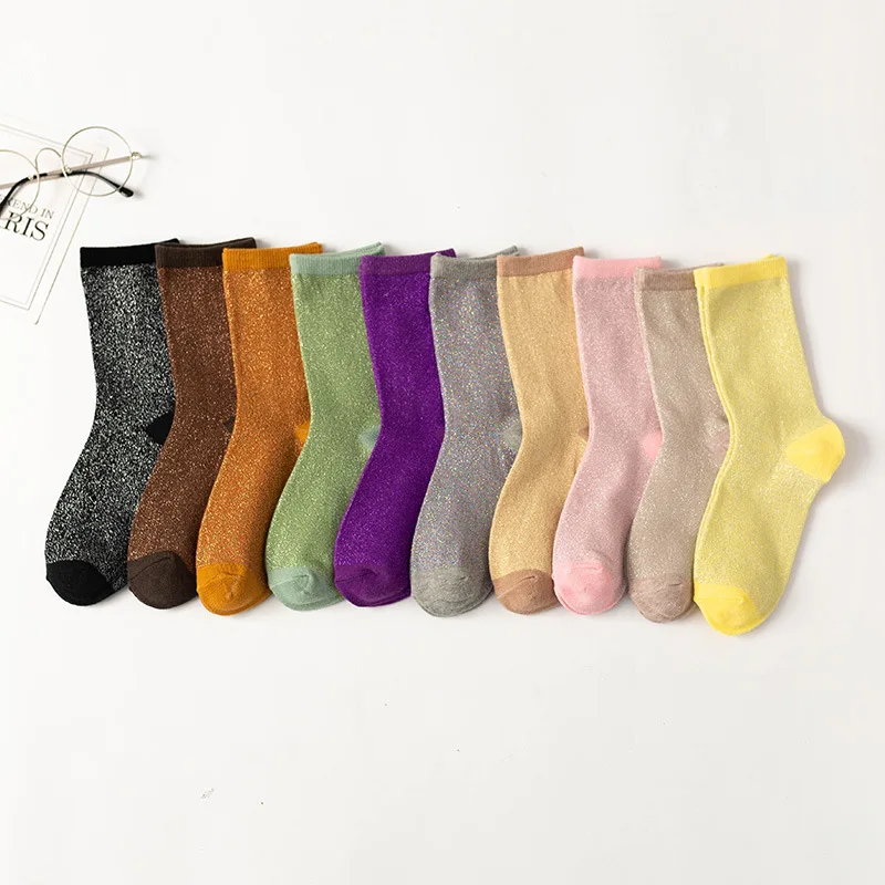 Korean women's style gold and silver silk material women's fashion socks solid color glitter shiny high elastic fashionable sock