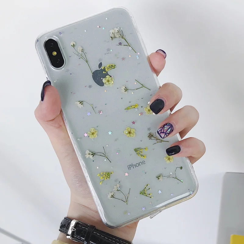 Style 5 Модный Блестящий НАСТОЯЩИЙ СУХОЙ прессованный цветочный чехол для телефона для iphone 11 pro XS MAX x XR 6 7 8 plus Прозрачная силиконовая задняя крышка для девочки - Цвет: Style 5