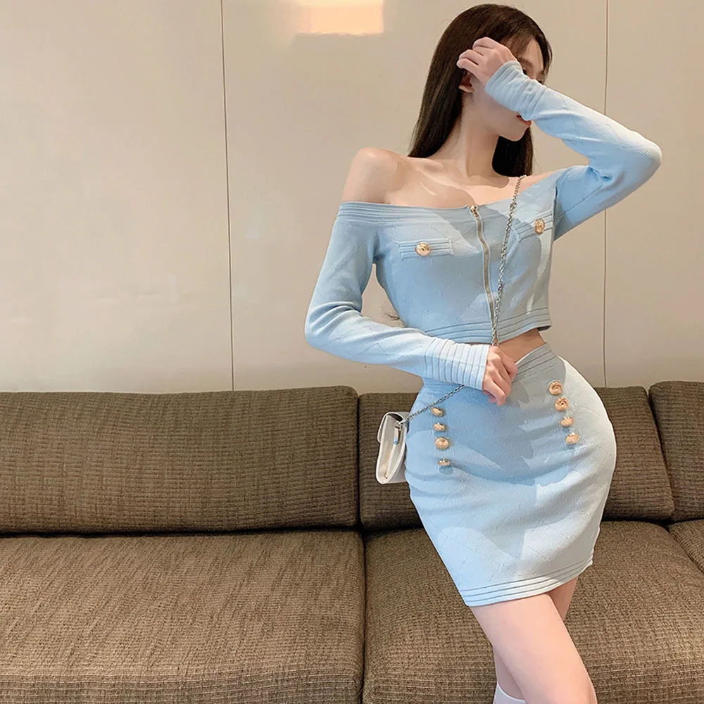 

Korean Fashion Sweet Skirt Suits Autumn Knitted Two Piece Set Women Zipper Strapless Sweater Crop Top Bodycon Skirts Sets