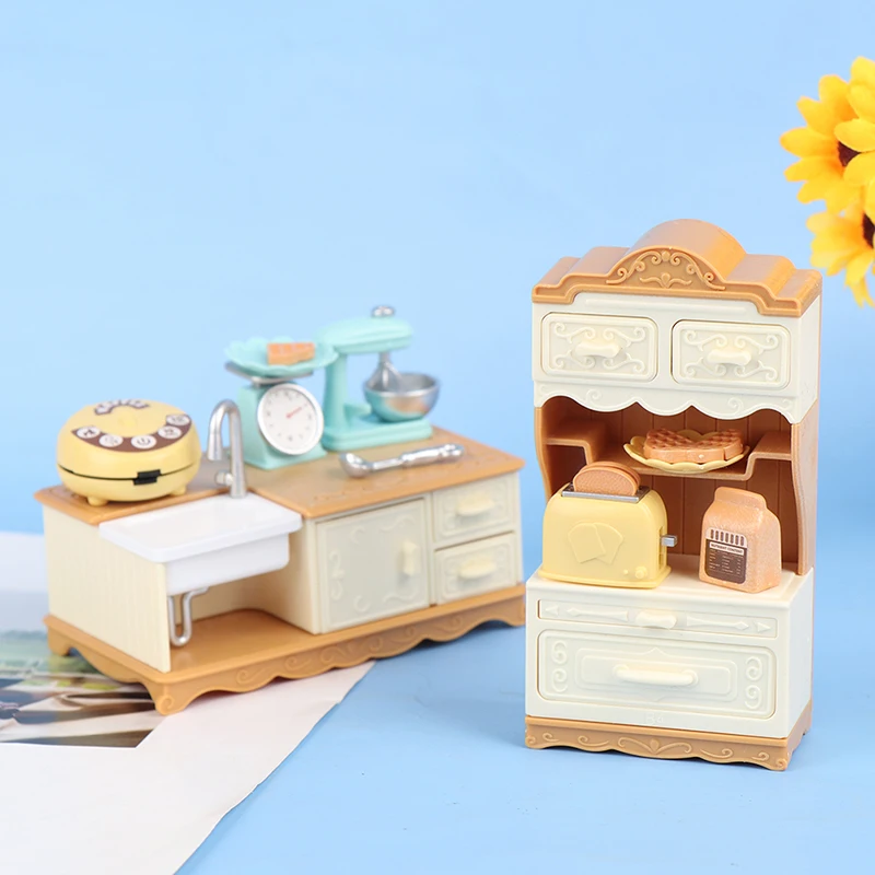 1 Set Cute Doll House Mini Furniture Dining Table Cabinet Baking Set Model Kitchen Scene